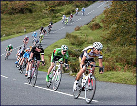 Riders descending fast on the road to Moretonhampstead.